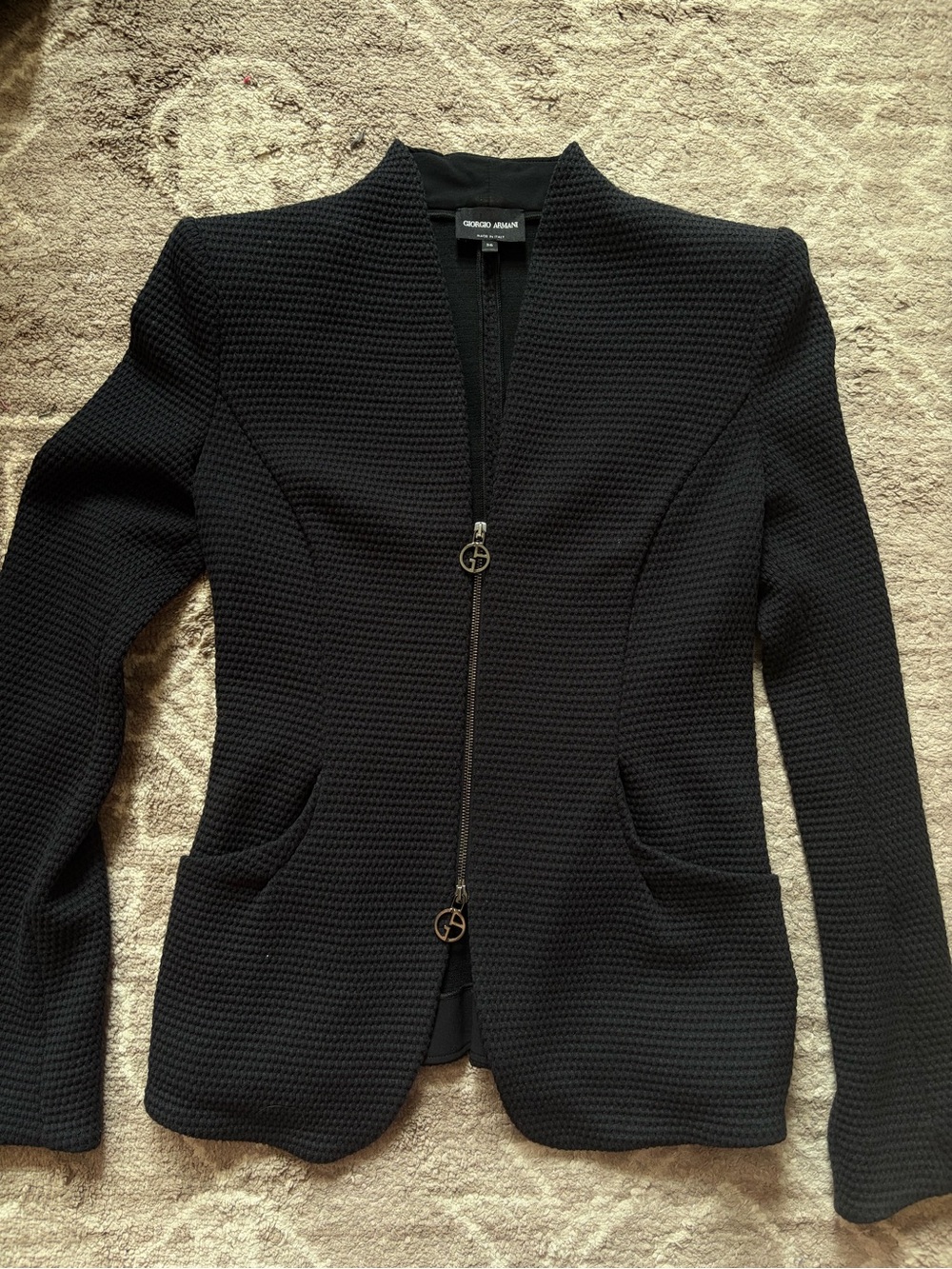 Giorgio Armani Black Textured Zip-Up Blazer